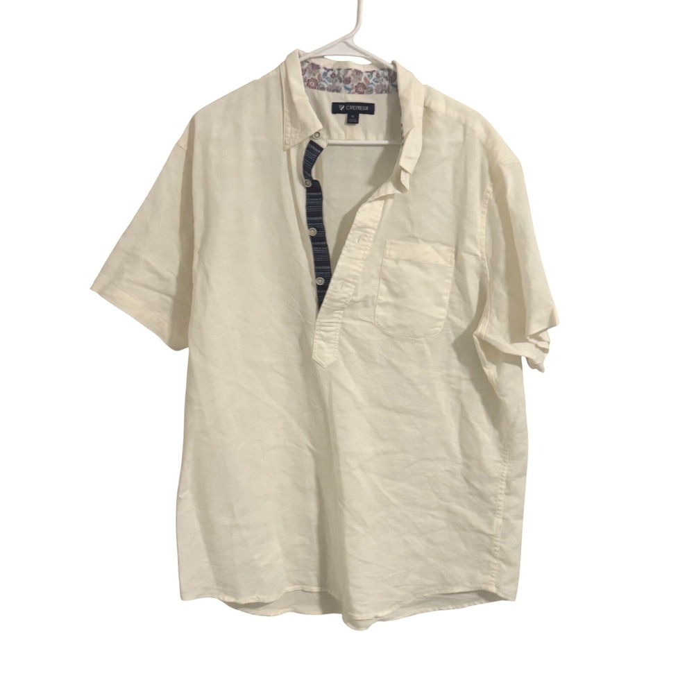Cremieux Mens XL Cream Linen Blend Short Sleeve Popover Shirt Button Down Collar